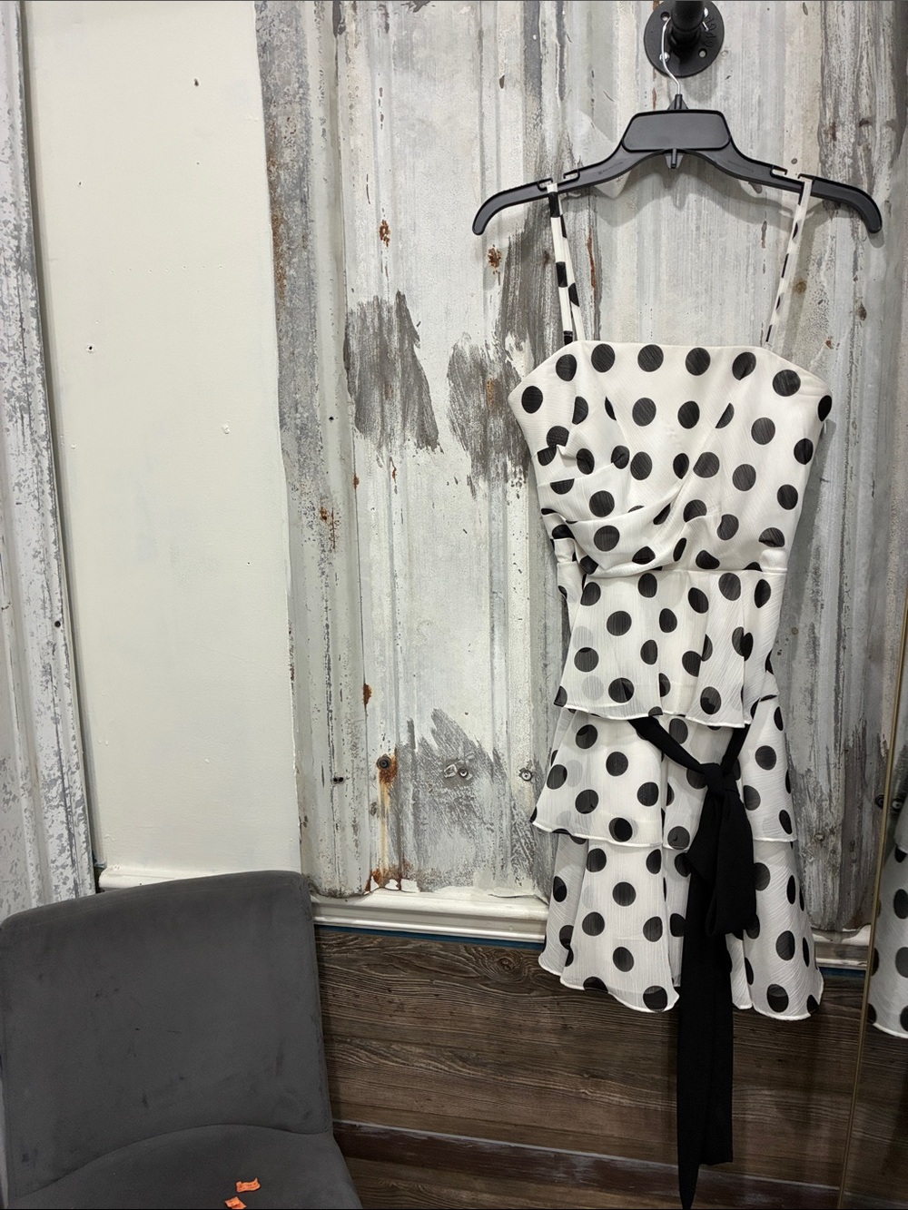 White House Black Market Black and White Polka Dot Tiered Dress with Sash